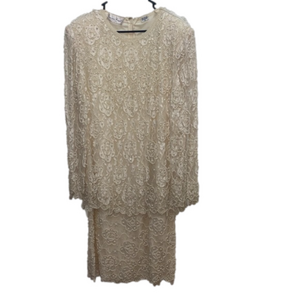 Vintage Laurence Kazar sheer long sleeve beaded beautiful wedding dress size xl